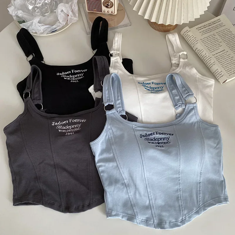 

Women Summer Tops Sexy Camisole Square Collar Tank Top Y2k Slveless Female Crop Tops With Pad Fashion Vest Embroidery Letter