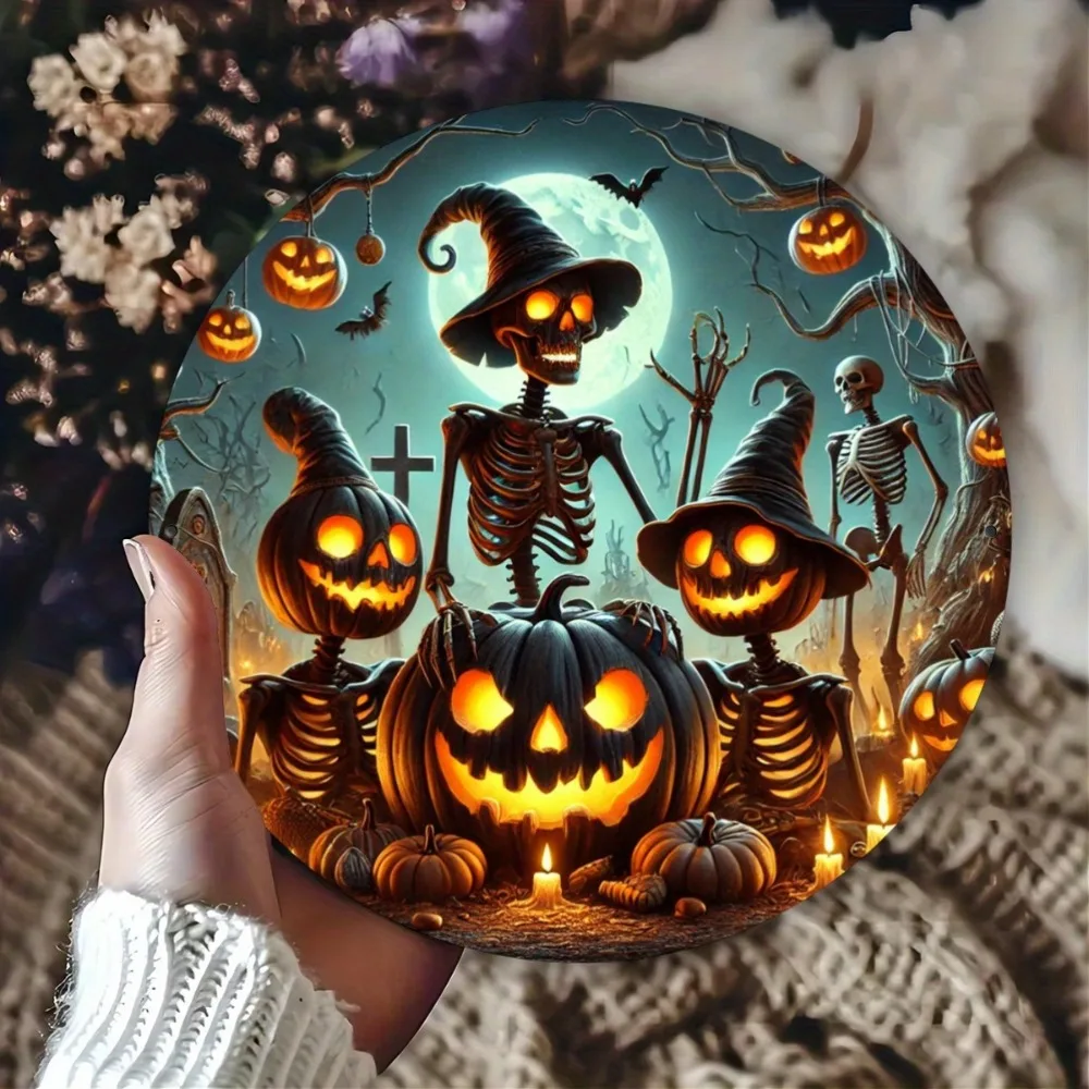 لافتة معدنية فزاعة رعب الهالوين ثنائية الأبعاد، فن معلق من القصدير الدائري المطبوع المسطح، ديكور جداري مقاس 8 بوصات