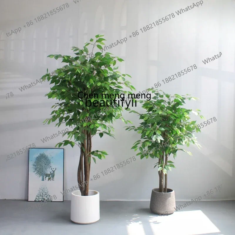 X  R1 Artificial Green Plant Fake Banyan Large Plant Hotel Large Living Room Ground Floriculture Set Decoration Wooden Tree Pole