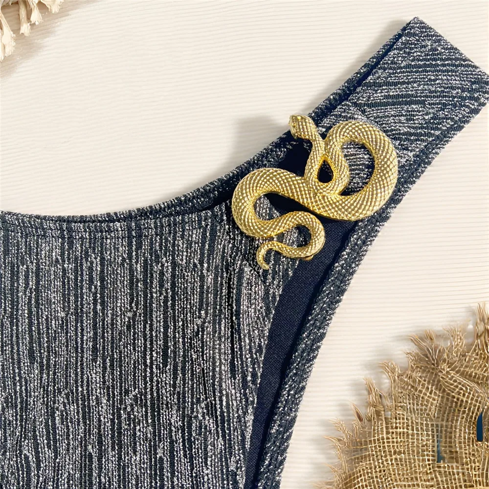 Schwarz Glänzend Eine Schulter Sexy Bikinis Sets Metall Schlange Bademode Micro Tanga Badeanzug Frau 2025, Badeanzug Bikinis De Mujer