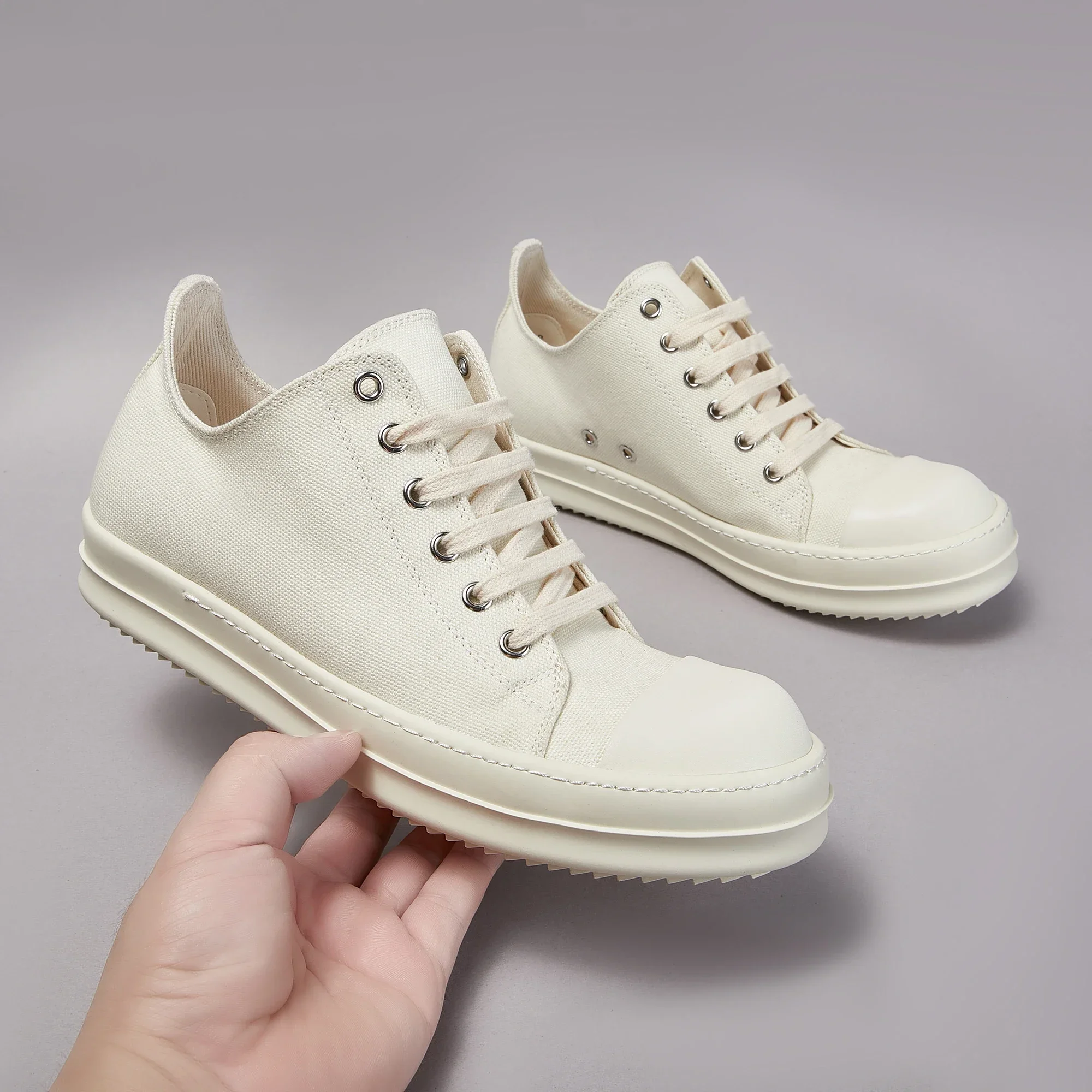 Brand Women Shoe Casual Low Top Men Sneaker Beige New Fashion Designer Canvas Ricks Lace Up Owen Thick-sole Luxury Flat Shoe