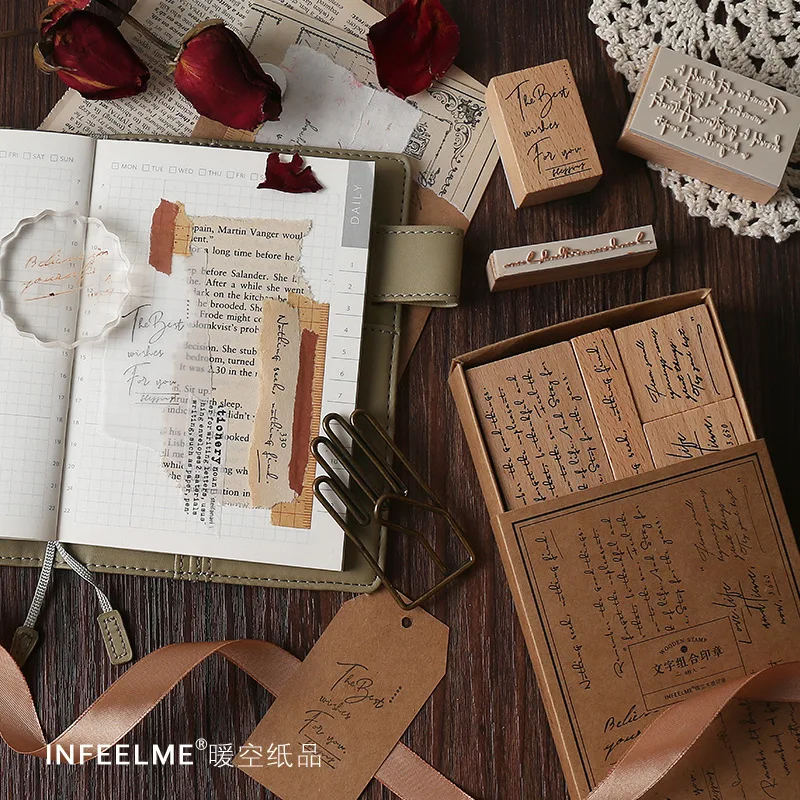 8pcs/set Vintage Wooden Stamp DIY Letters Wood Rubber Stamps Set for Journaling Crafts Card Making Painting Teaching