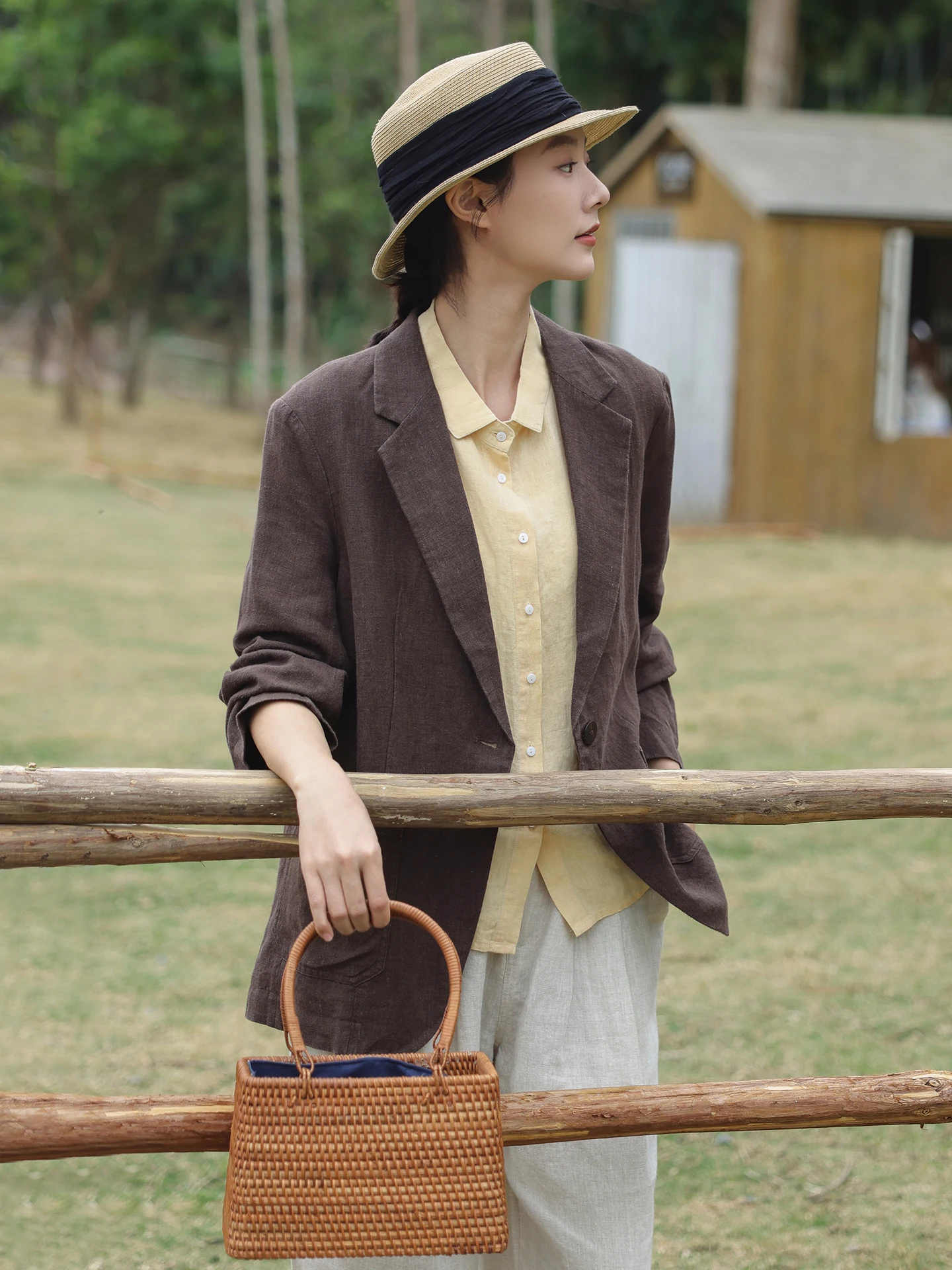 

Ретро-пиджак из льна для женщин: дышащий, повседневный, с длинным рукавом, свободного кроя, для работы и отдыха, весна-лето, верхняя одежда