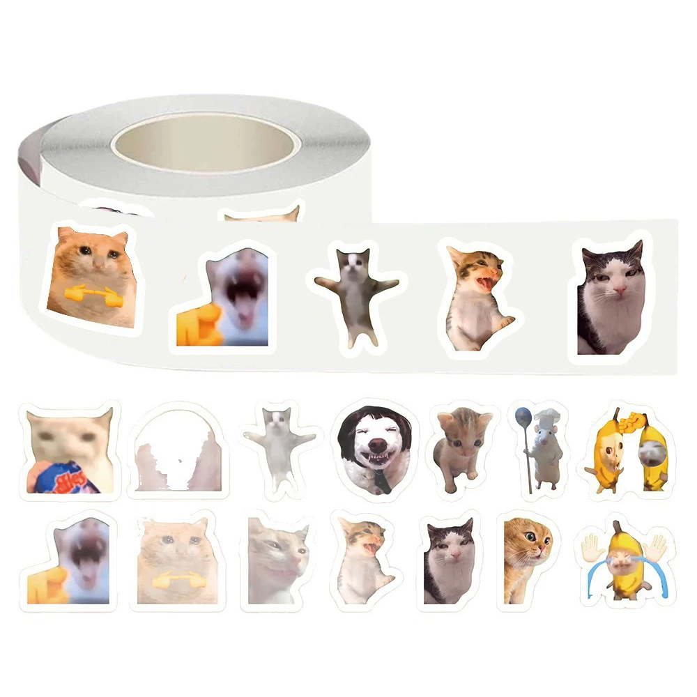 

500pcs/roll Cartoon Funny Cat Meme Stickers Cute Decoration Decals Water Bottle Suitcase Phone Sealing Label Sticker Decoration