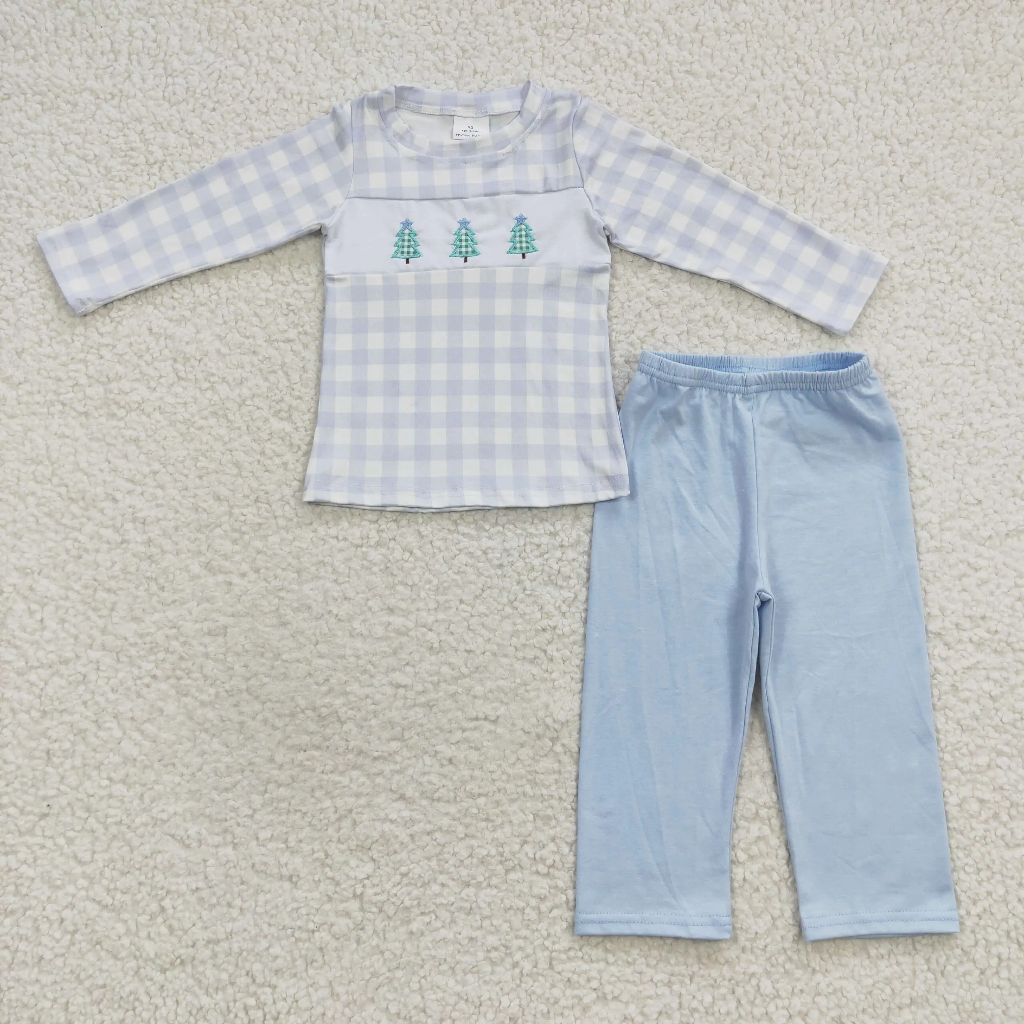 Wholesale Baby Boy Toddler Long Sleeves Children Embroidery Tree Shirt Blue Cotton Pants Outfit Kids Boys Christmas Set Clothes