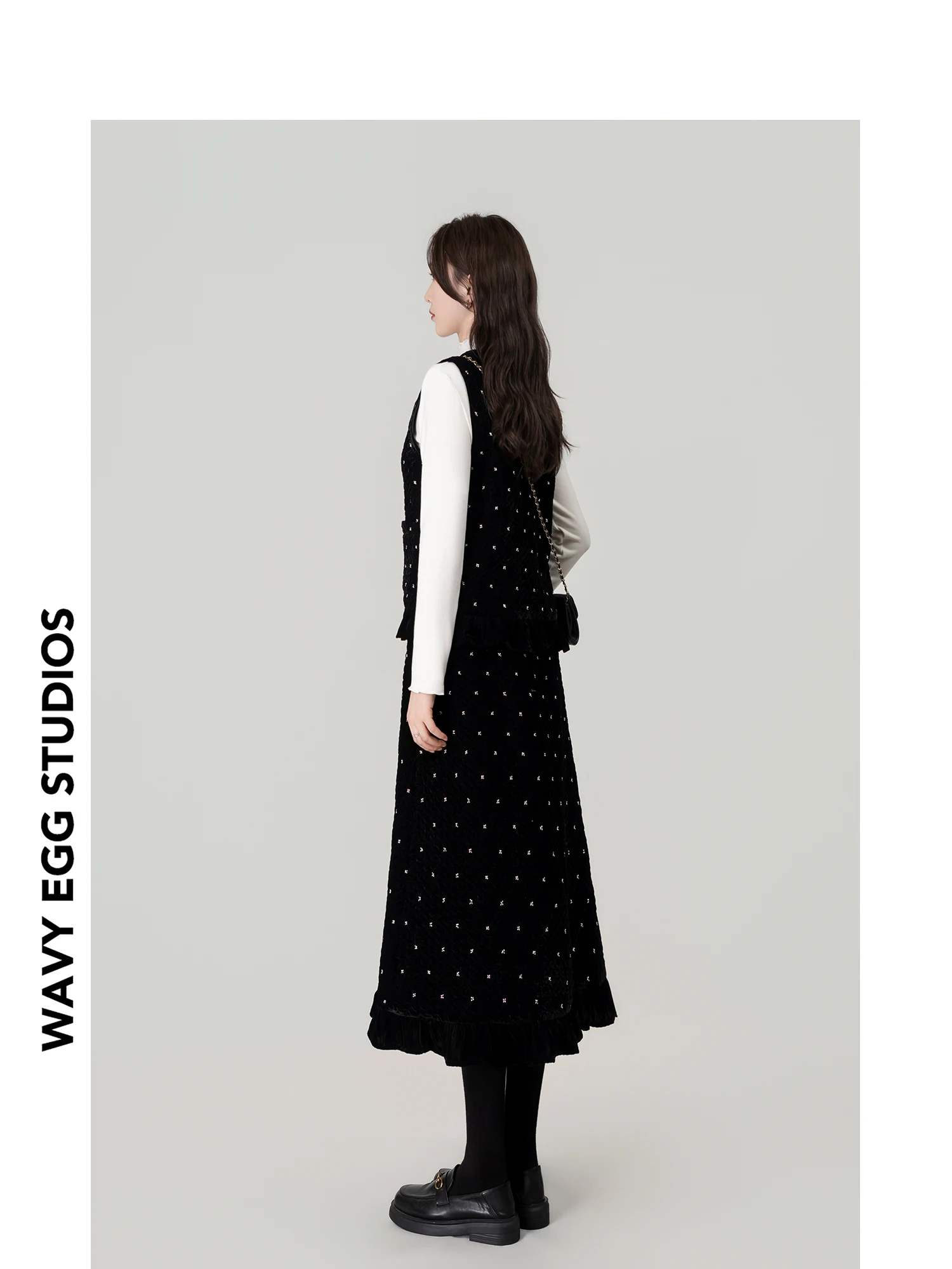 

Wavy Egg Bla Polka Dot Velvet Top Svel Dr Tee Piece Set Women's Faion Casual Wear High Waist Skirt Long Dr