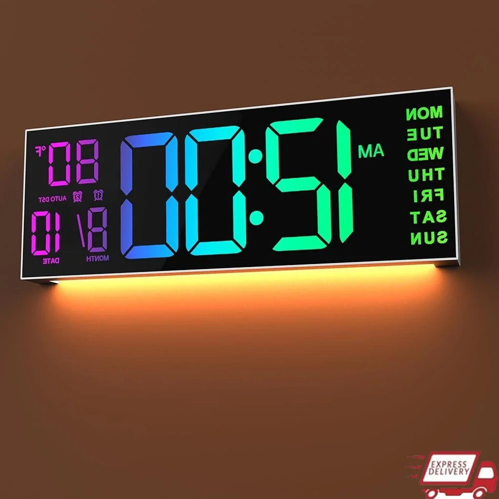 Large LED Wall Clock with Remote Control Countdown Timer Alarm Auto DST Temperature Display 8 RGB Colors Perfect Home Office