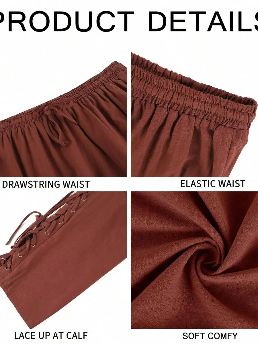 Mens Vintage Medieval Lace Up Tapered Ankle Linen Pants For Themed Parties