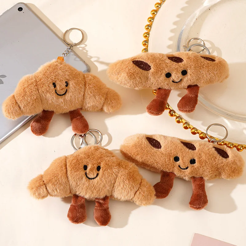 Porte-clés en peluche baguette française et croissant, série alimentaire, poupée, jouet de dessert, pain, voiture, ornement suspendu