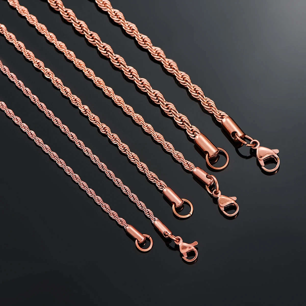 2.3mm/3mm/4mm Rose Gold Color Stainless Steel Twisted Rope Necklaces Classic Men Boy Chain 16 to 30 Inches