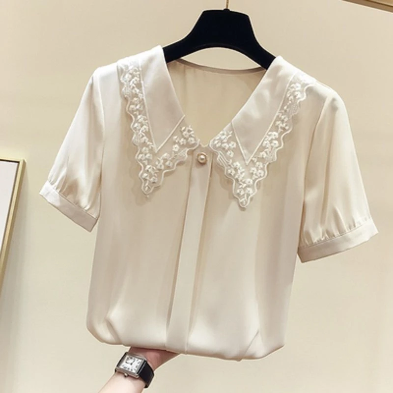 Women Casual Solid Loose Short Sleeve Chic Chiffon Shirt 2022 Summer Fashion Clothes Lace Patchwork All-match Sweet Blouses Tops