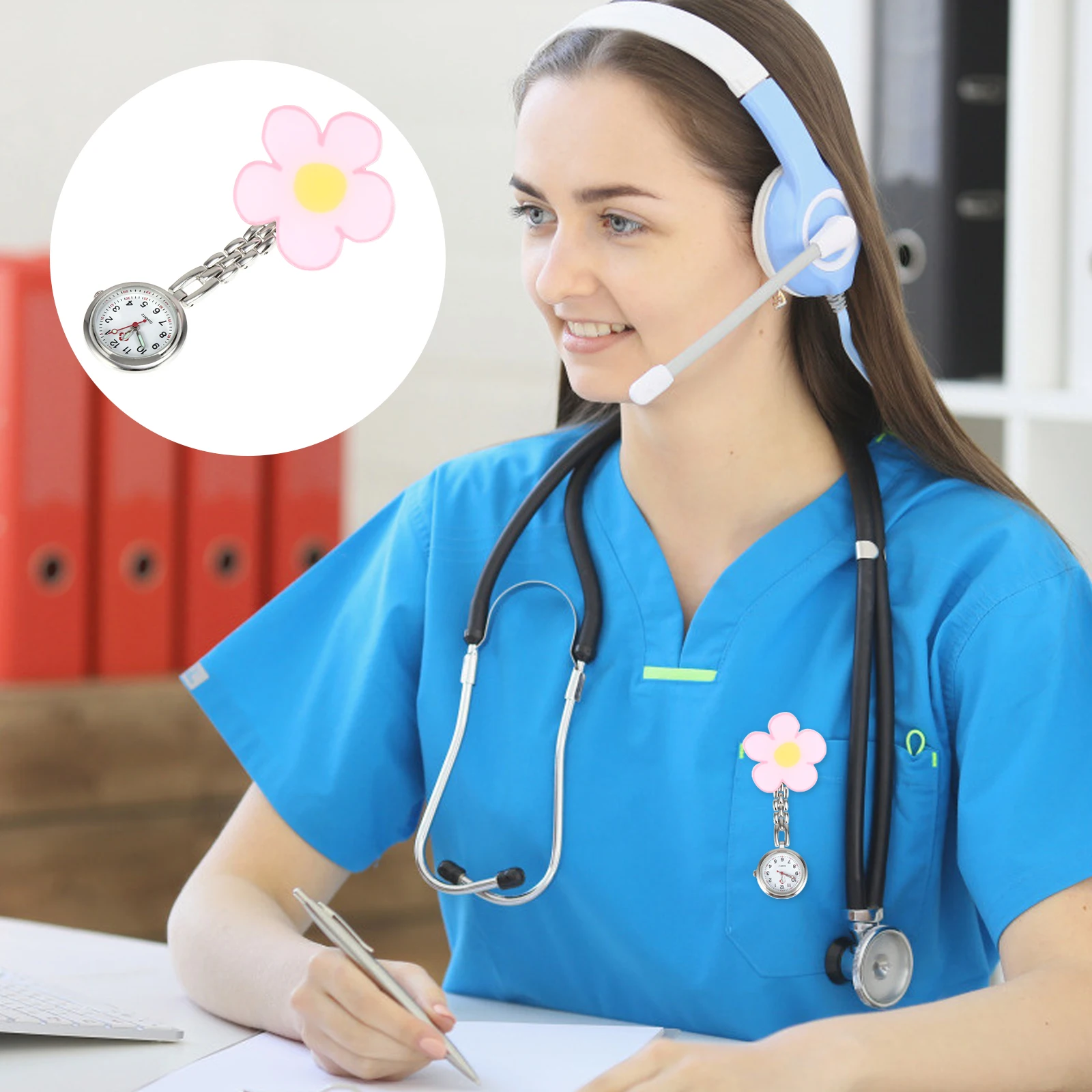 

Cartoon Pocket Watch Cute Nurse Quartz Small Glass Mirror Flower Pattern Large Dial Clip On Style Precision Gift