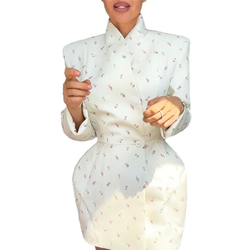 الملابس النسائية 2025 الخريف والشتاء نمط جديد مزاجه طوق طباعة الخصر cinched سترة بأكمام طويلة سليم صالح #5