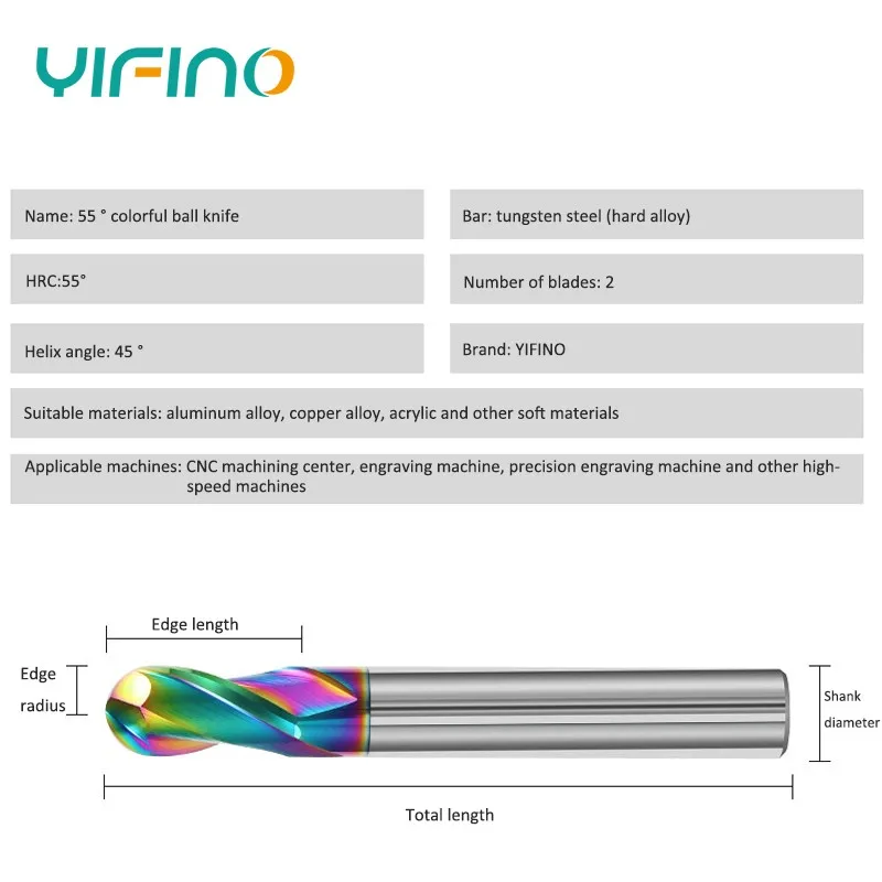 YIFINO HRC55 2F Colorful Coating Tungsten Steel Carbide Aluminum Ball End Milling Cutter CNC Mechanical Machining End Mill Tools