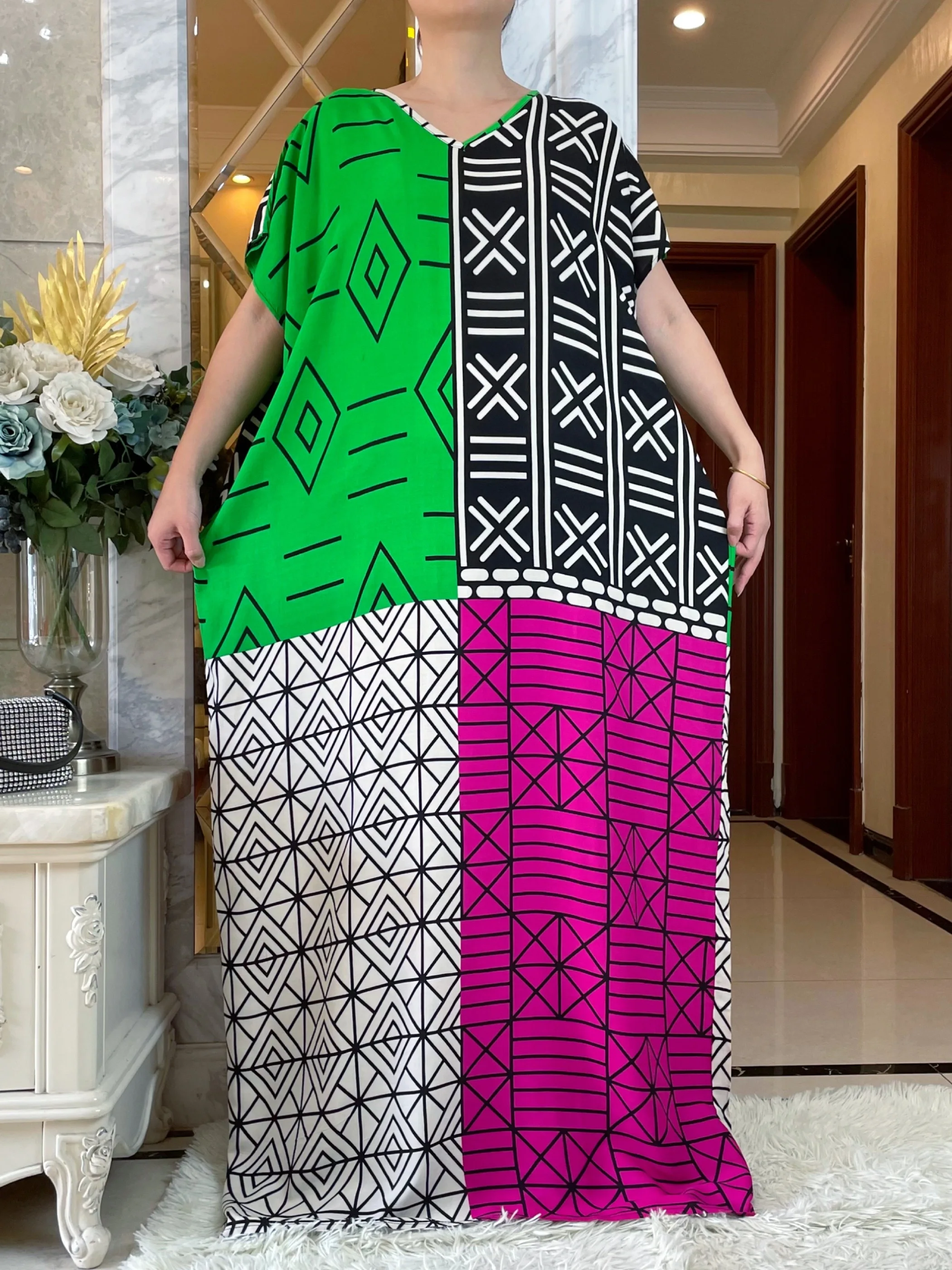 2024Spring Short Sleeve Pure Cotton Dress With Big Scarf Loose Colorful Printing Floral Boubou Maxi Islam Women Abaya Clothes