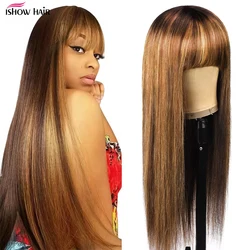 Ishow-Perruque Brésilienne Remy avec Frange pour Femme, Cheveux Naturels Lisses Faits à la Machine, Sophia