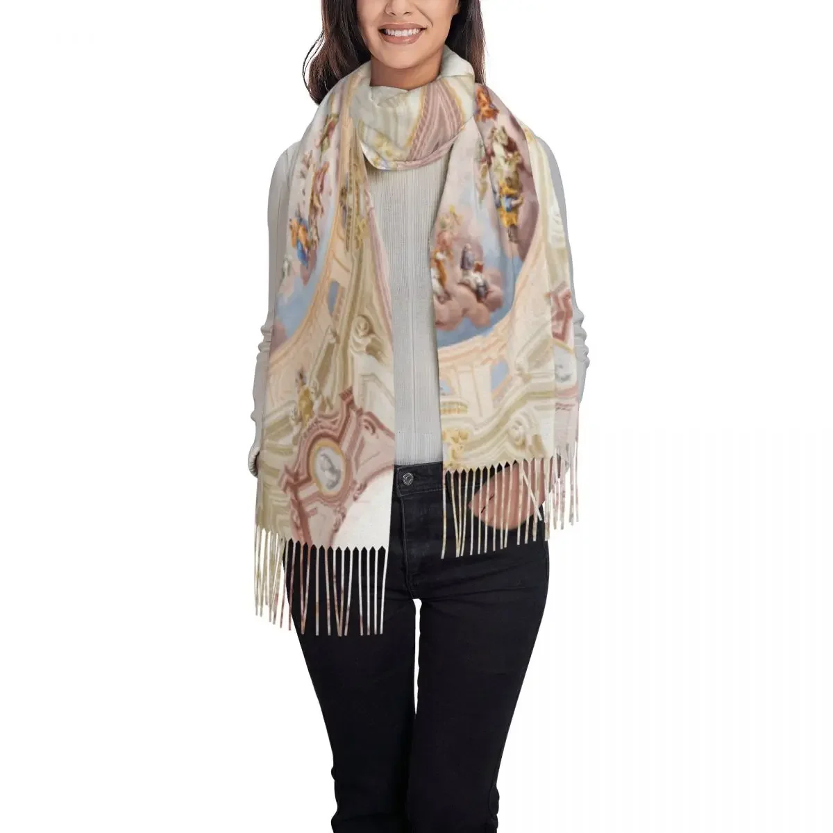Custom Renaissance Ceiling Art Scarf Wrap Women Long Winter Warm Tassel Shawl Unisex Vintage Gods Angels Fresco Scarves