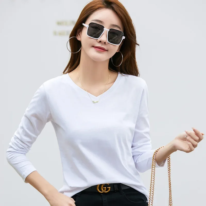 Cotton Women's V-Neck T-Shirt 2026 Long Sleeve Solid Color Versatile Women Bottom Shirt Interior Woman T Shirts Tops Basic Tees
