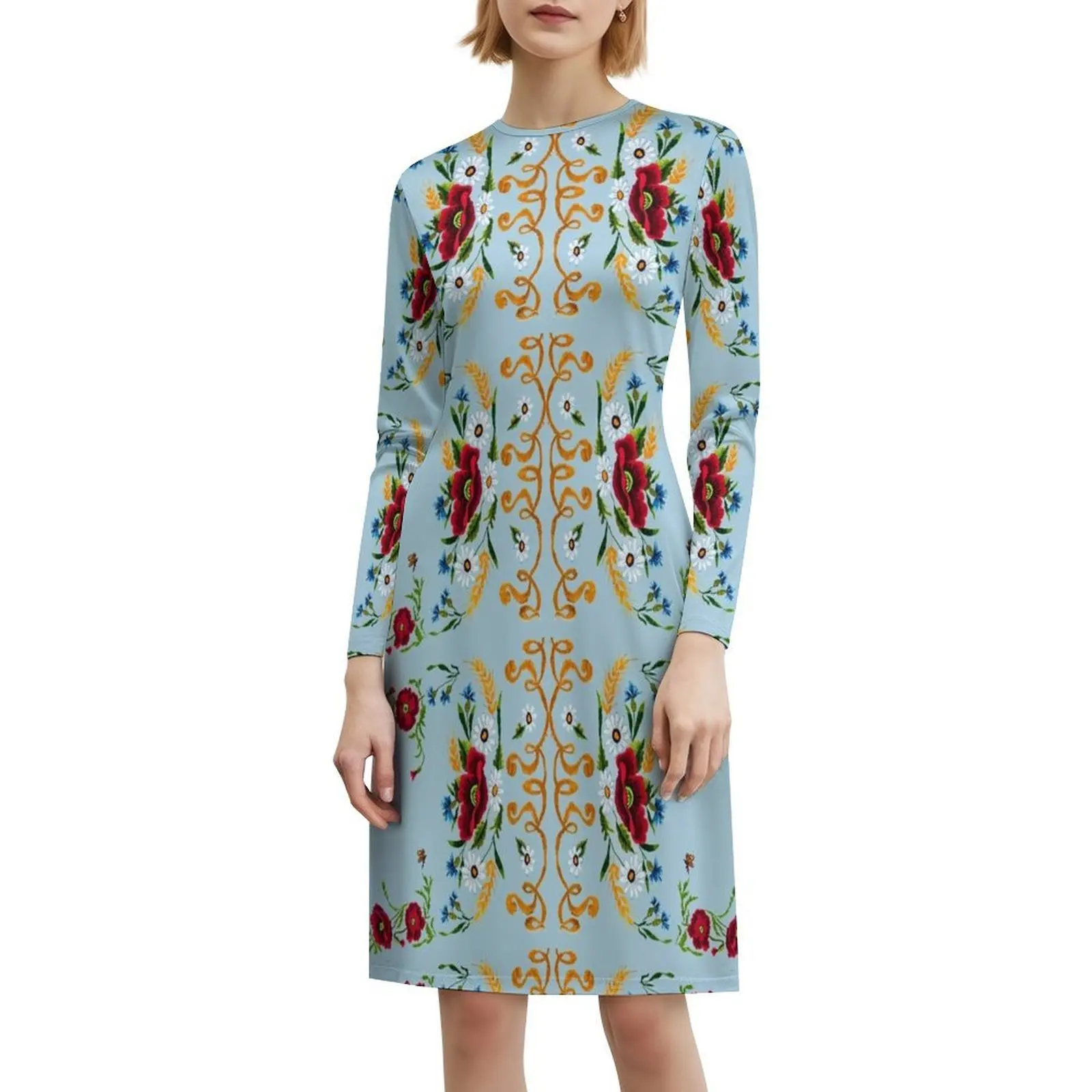 فستان الخشخاش والذرة المطرز باللون الأزرق على شكل قلب فستان أنيق للحفلات الصيفية للنساء مطرز بالصليب الأوكراني