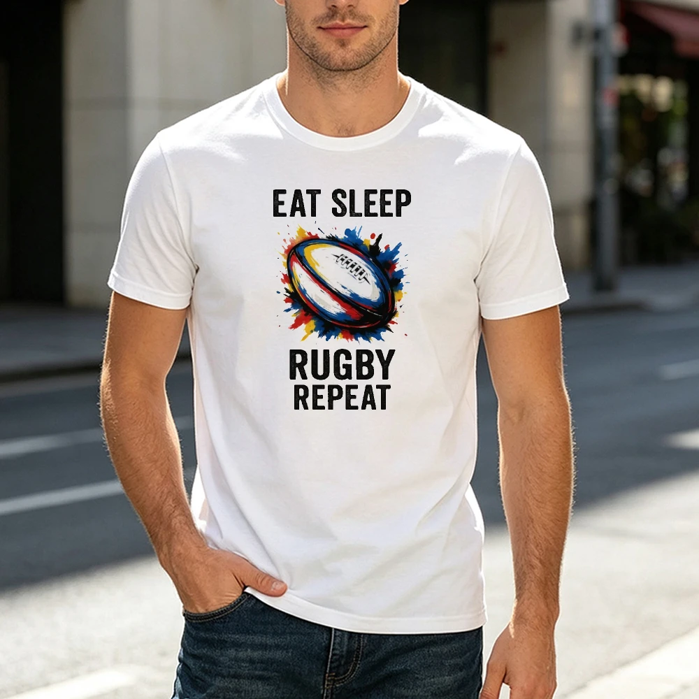 Eat Sleep Rugby Repeat Graphic Print Men T-shirt Casual Short Sleeve Crew Neck Tee Summer Sports Streetwear Tops