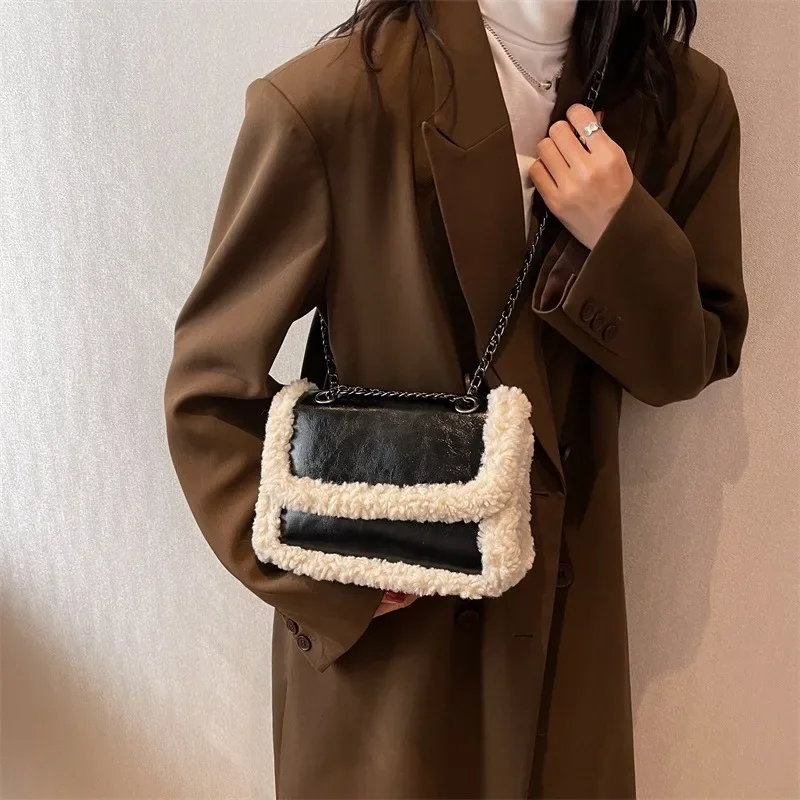 Retro Faux Fur Lambswool Handbag Women Luxury Designer Bag PU Leather Messenger Bags Ladies Tote Bag Purses Chain Shoulder Bag