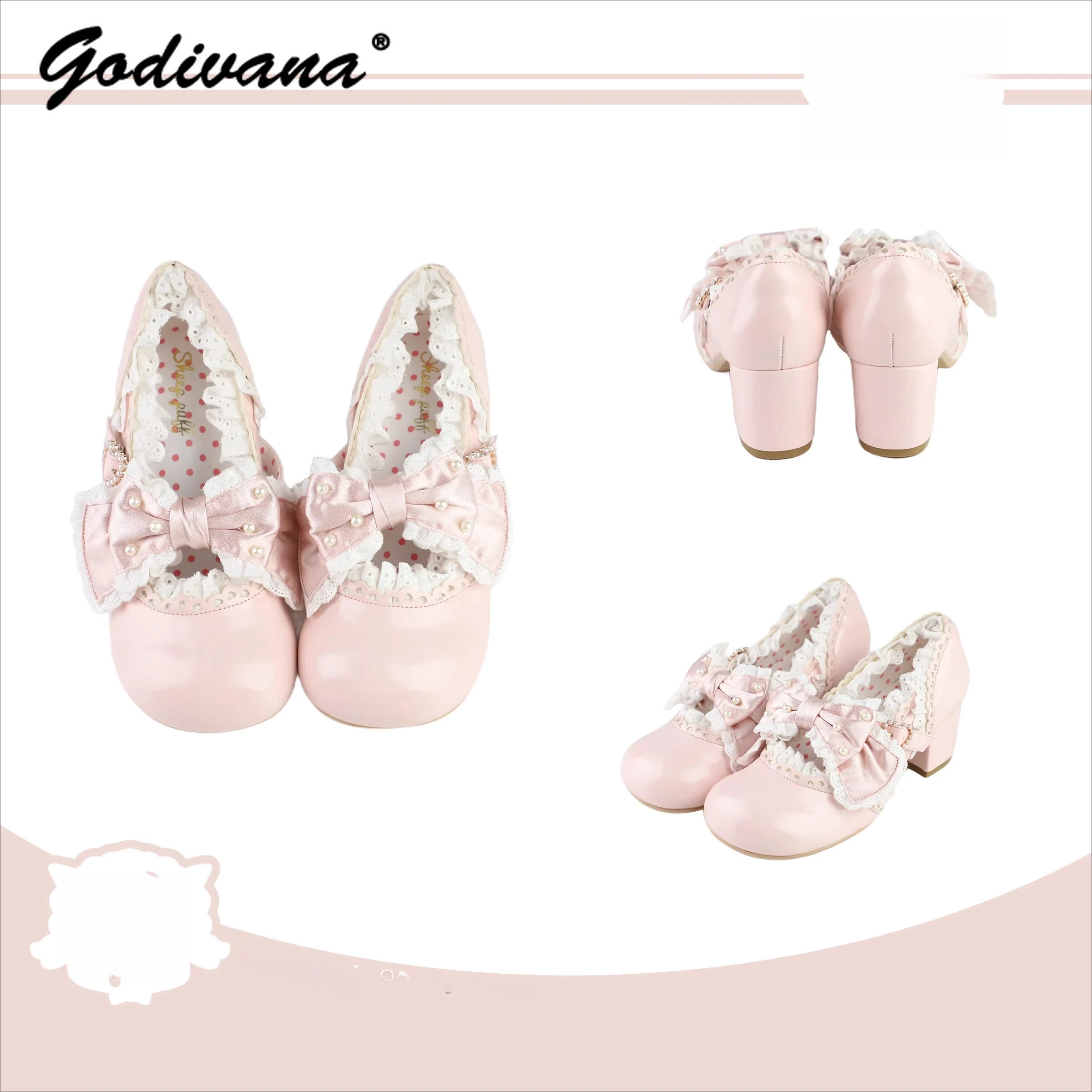 

Туфли на среднем каблуке с кружевом в стиле Лолиты и жемчугом и бантом, новые весенне-осенние женские милые туфли-лодочки Мэри Джейн для девочек