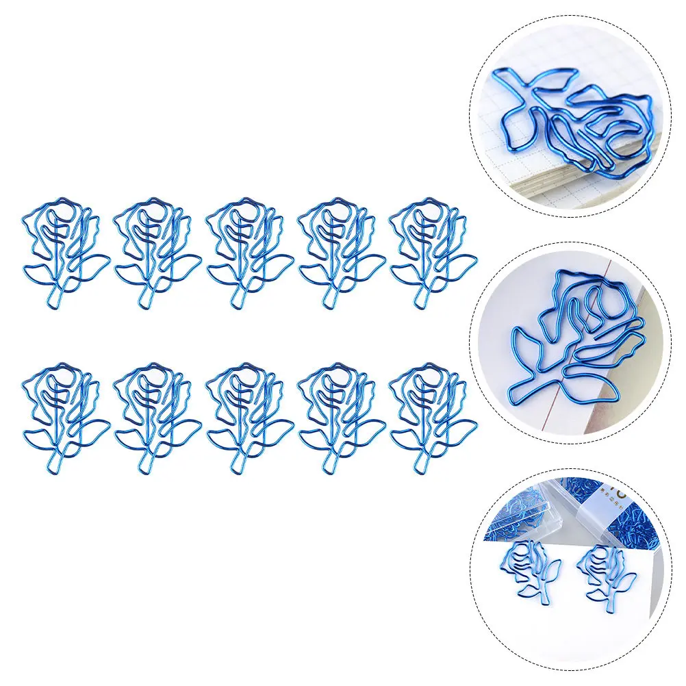 10Pcs Blue Rose Paperclips Creative Delicate Rose Shaped Clips High Class Craftsmanship for Office Study Planner Journal