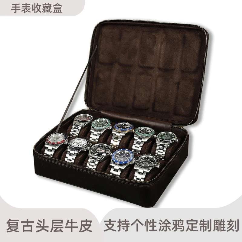 

Retro and old first-layer cowhide watch box 24-bit world famous watch collection box display box can be customized with