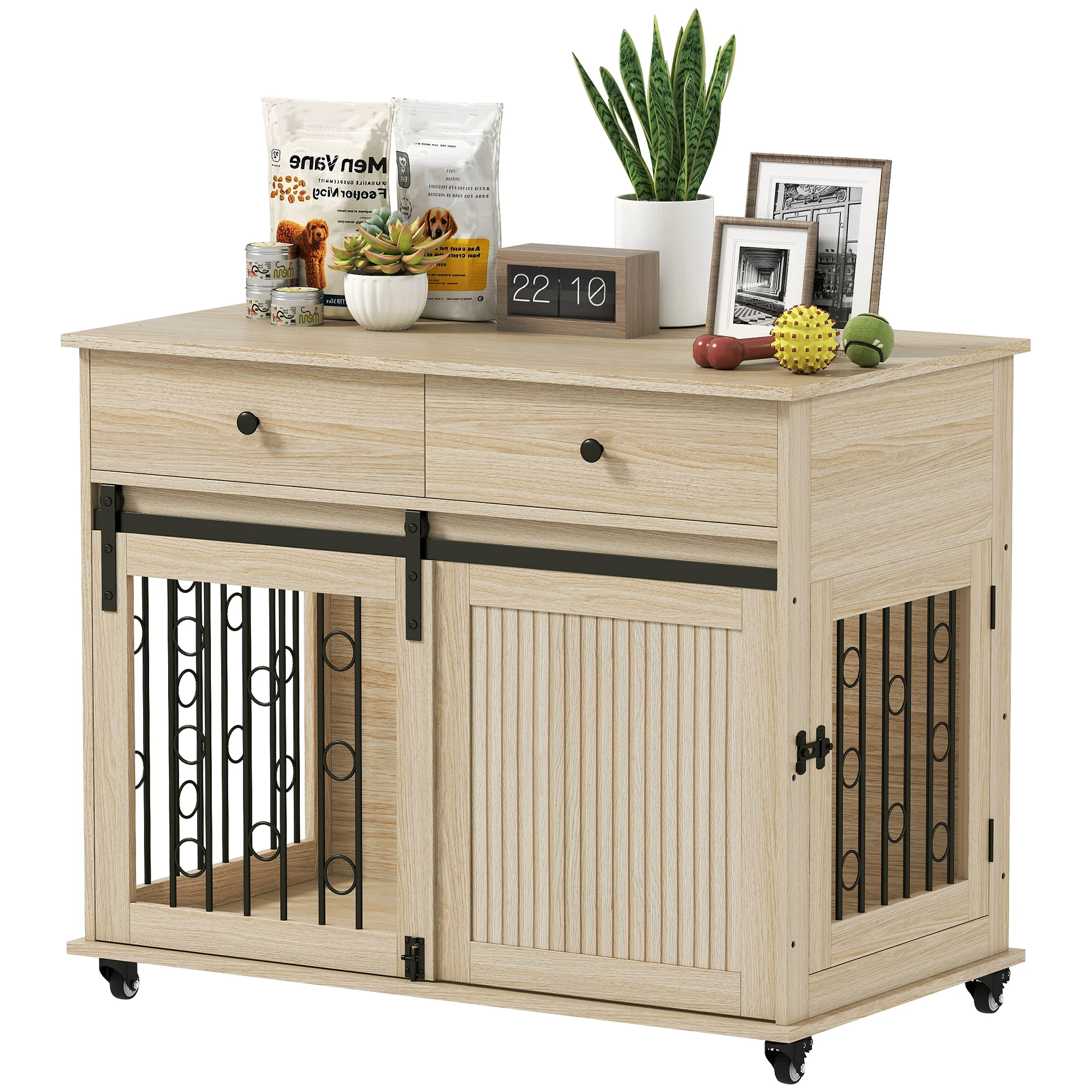 Pawhut kooi voor middelgrote en grote honden Moderne bijzettafel met 2 laden, 2 deuren en sluiting 100X56X81 cm Eiken
