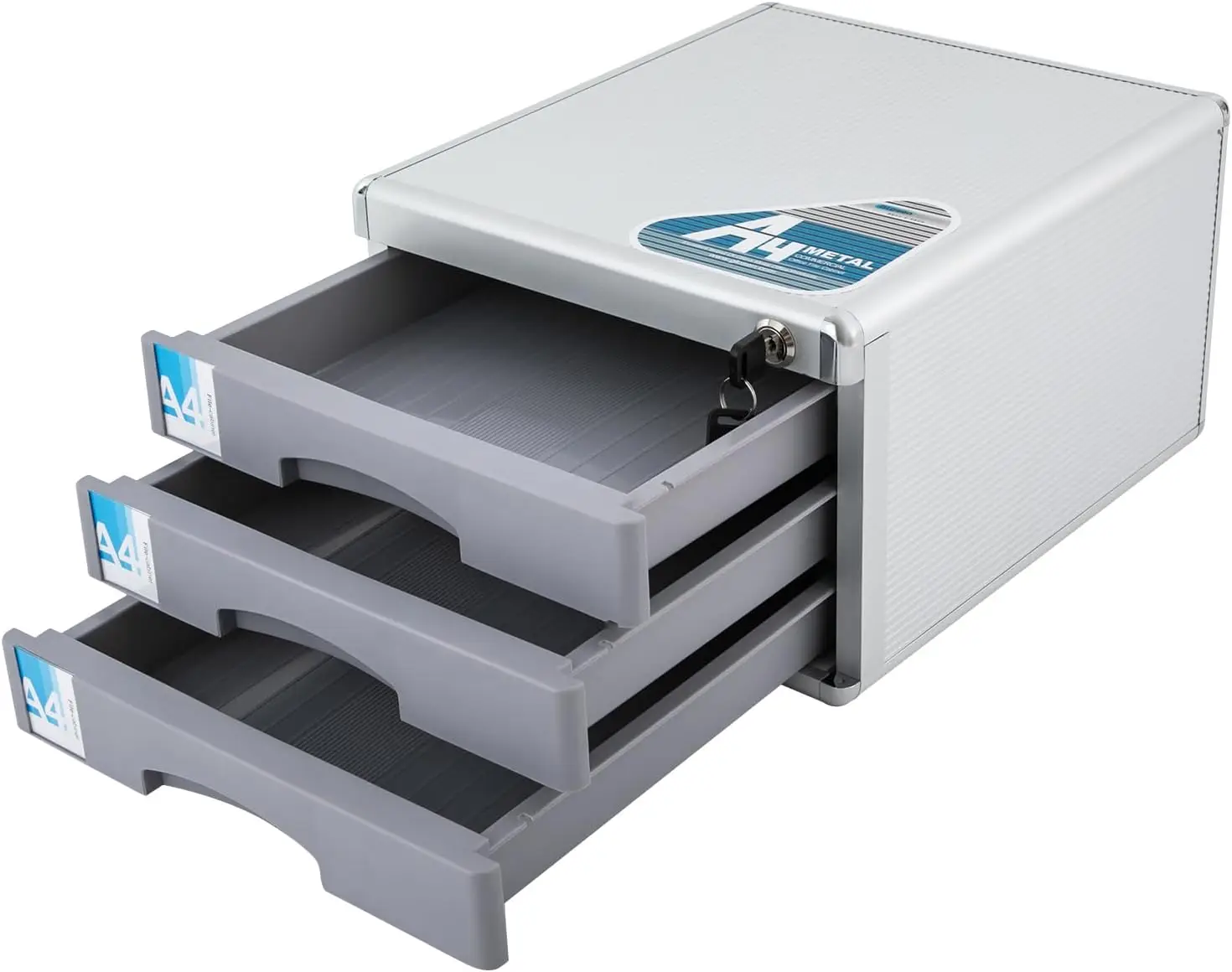 Organizador de mesa com 3 gavetas pequenas, organizador de arquivos de liga de alumínio, armário de gaveta com tampa com 5 gavetas, etiquetas e armazenamento de arquivos de 2 teclas