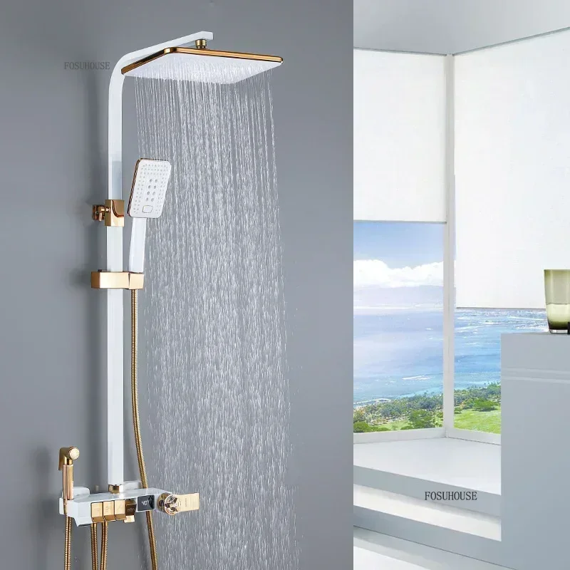 Nordic Smart Digital Display Bathroom Shower Set White Gold All Copper Faucet Hot and Cold Thermostat Rainfall Shower System p