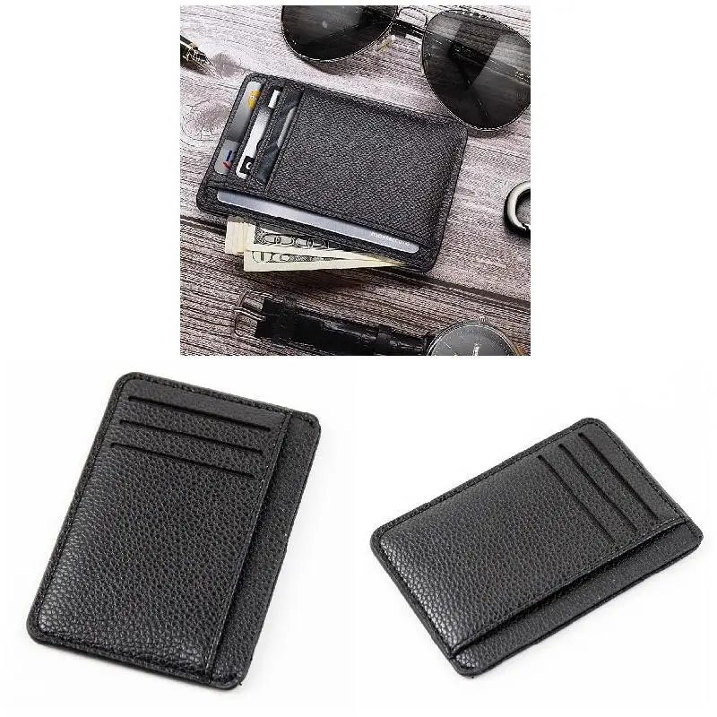 Tempat Kartu Pria Modis Tahan Lama Kulit PU 6 Kartu Slot Dompet Pola Lichee Ultratipis 8.3X11.8X0.5CM Penutup Tempat Kartu