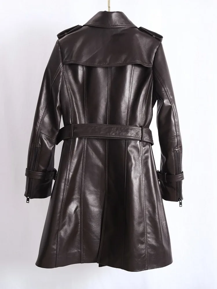 Leather jacket 2023,Women Belted Double Breasted Mid Long 100% Sheepskin Genuine Leather Jacket Autumn Winter Office Ladies Wind