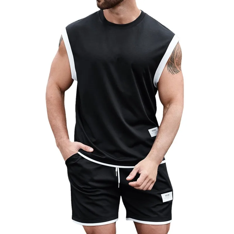 

2024 Casual Set Men's Summer New Color Block Sleeveless Loose Tank Top Split Short Sports Set