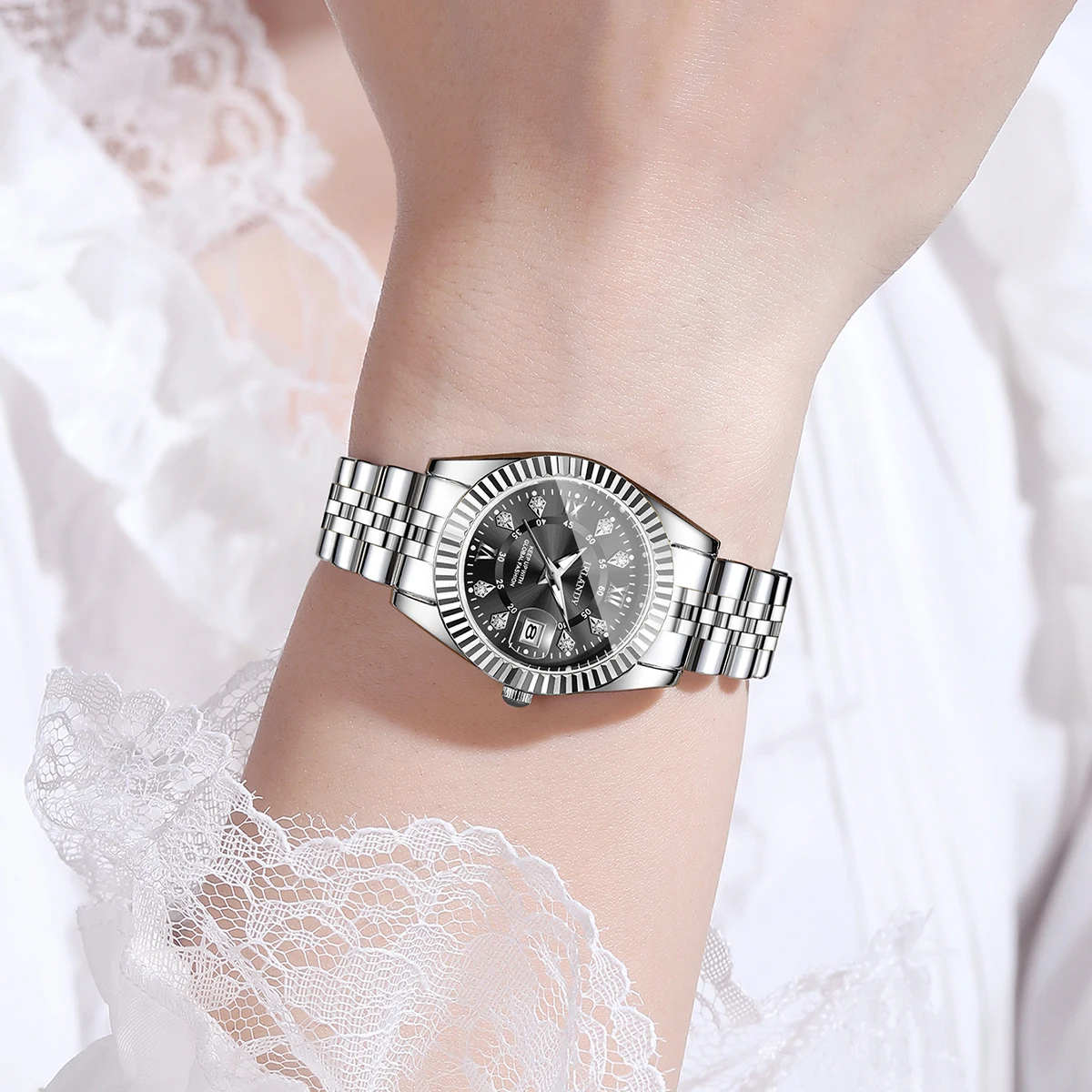 Modische Damen-Quarzuhr mit Roma-Zifferblatt, Strass, Edelstahl, Kalender, Armbanduhren, Reloj Mujer, Geschenk (ohne Box) – Detail 17