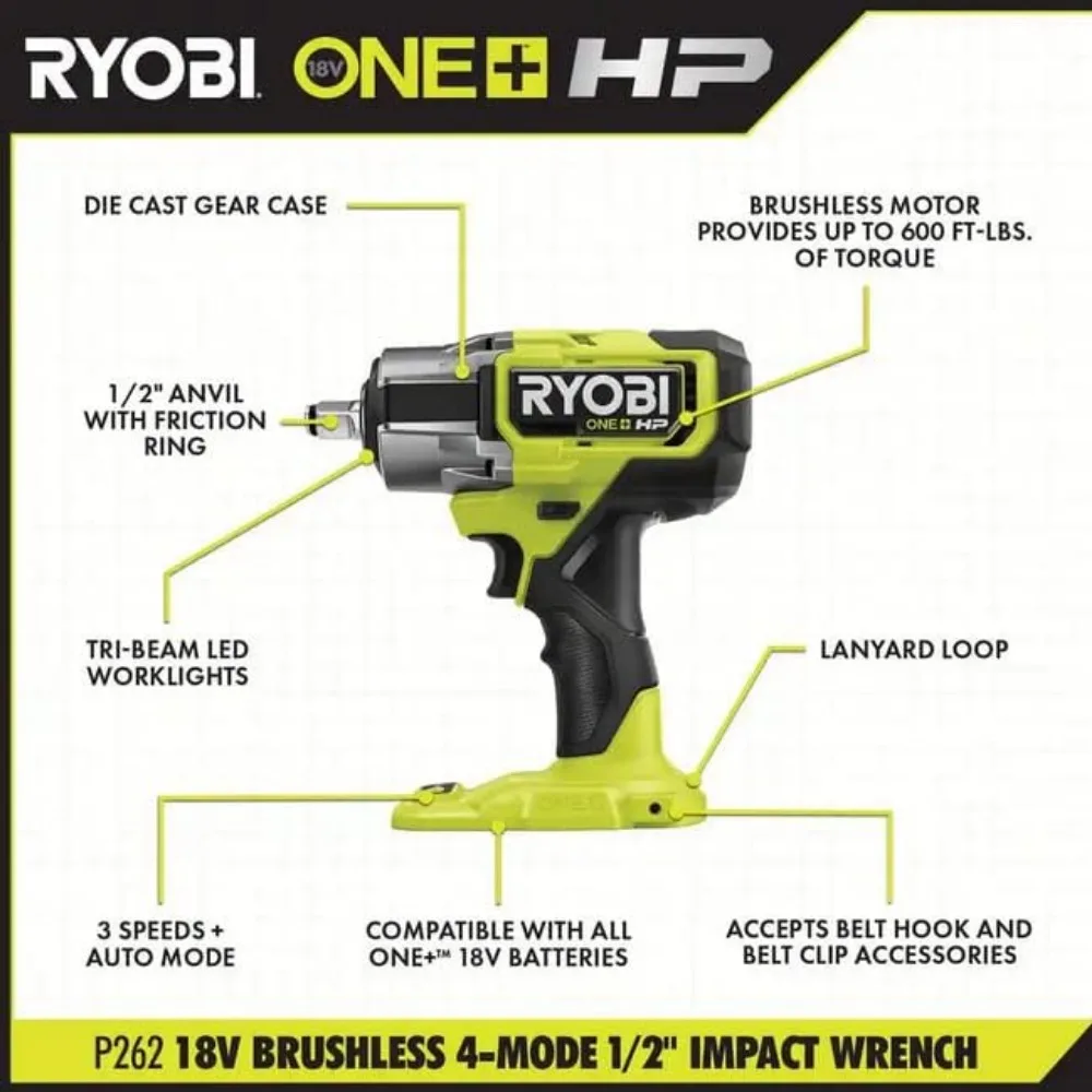 P262K1 ONE+ HP 18V Brushless Cordless 4-Mode 1/2 in. Impact Wrench Kit w/ 4.0 Ah HIGH PERFORMANCE Lithium-Ion Battery