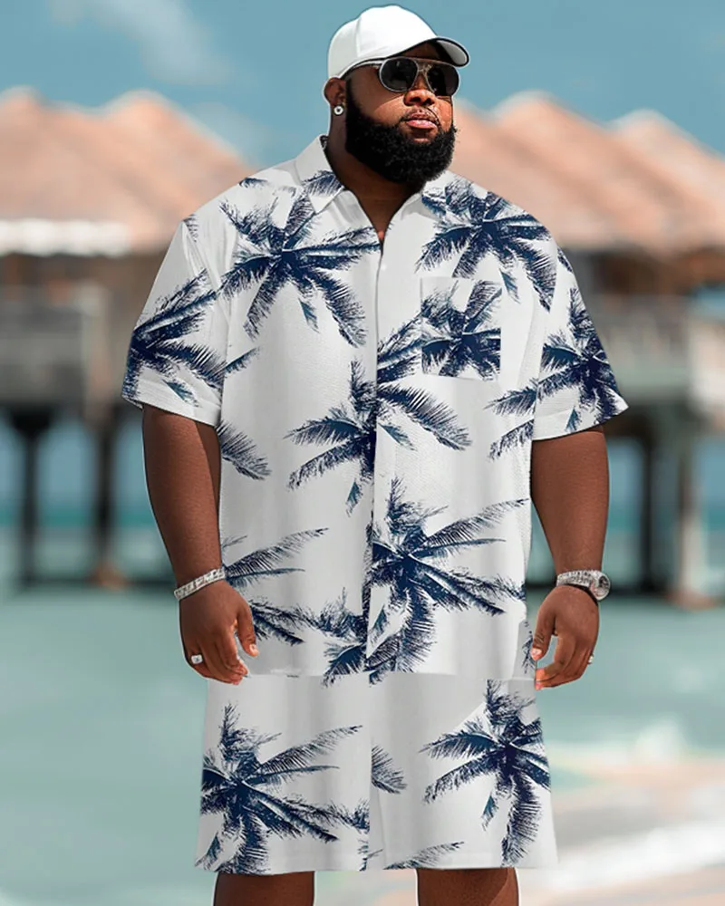 Biggmans Plus Size L-9Xl Summer Beach Men\'s Plus Size Hawaiian Coconut Tree Print Pocket Short Sleeve Shirt Shorts Set