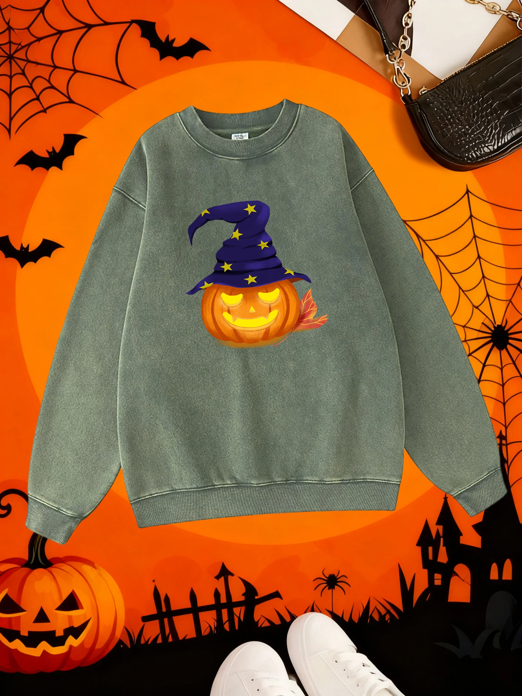 قبعة الساحرة اليقطين طباعة المرأة غسلها الملابس القطنية موضة بلوزات دافئة مريحة الشارع هودي الخريف بلايز عادية #2