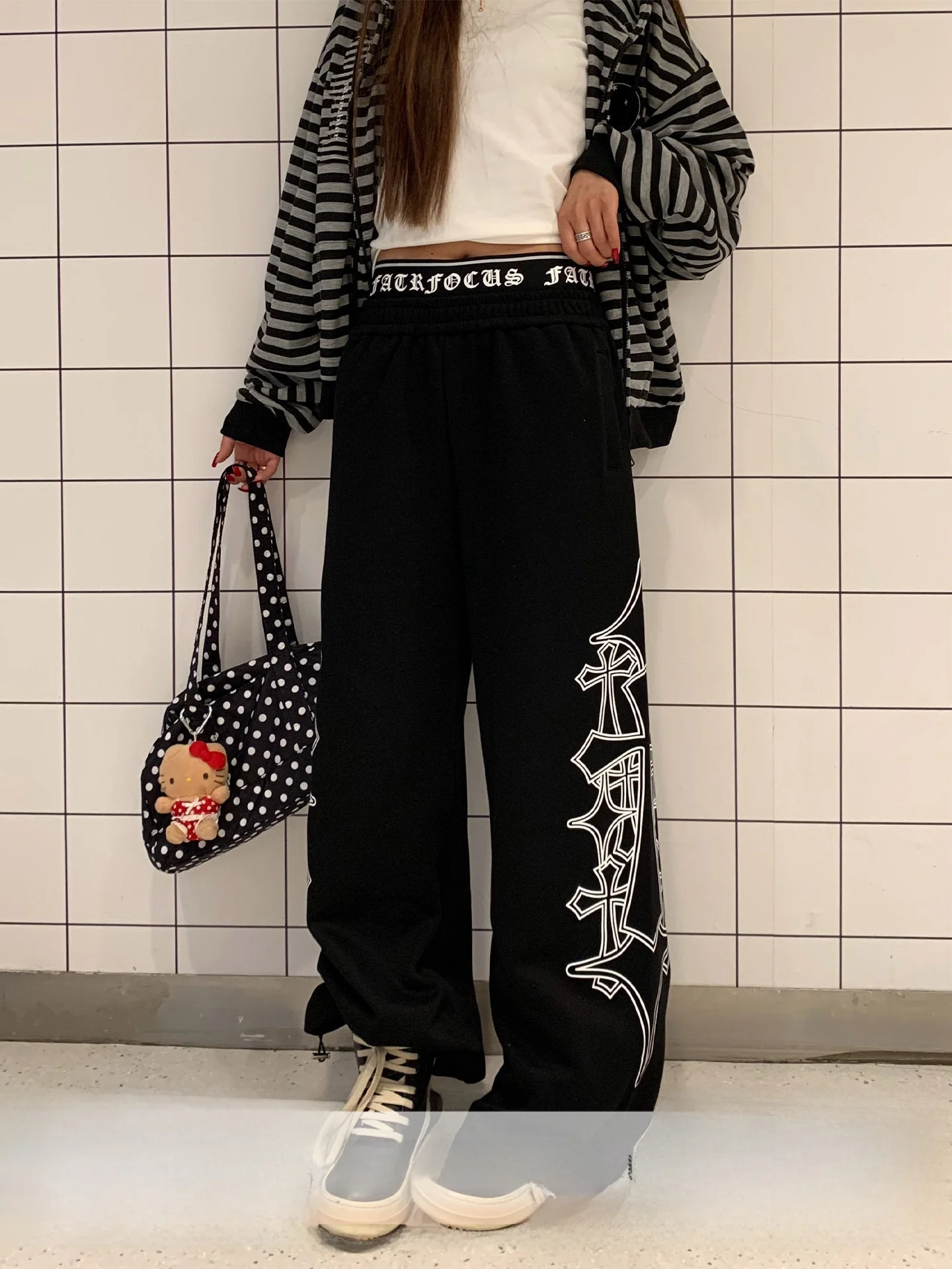 

Gothic Print Casual Pants Women's Straight Leg Slimming Versatile Spring Design Cotton Polyester Elastic Waist Loose Fit