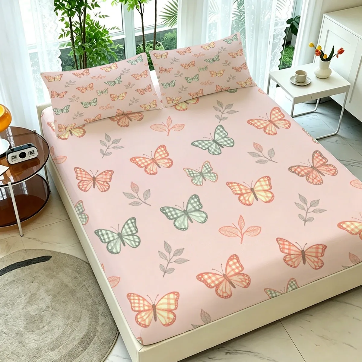 Soft Pink Color Scheme with Playful Pastel Tones, Seamless Patterns of Butterflies, Leaves, and Branches. Three-Piece Bedding Set (Includes 1 Fitted Sheet + 2 Pillowcases). 3-Piece Set, Large Deep-Pocket Fitted Sheet with 2D Print and 2 Pillowcases. Fitted Sheet Style with Elastic Band, Protective Cover, Mattress Protector, Suitable for All Seasons, Machine Washable Design, Holiday Decoration, Various Sizes, Breathable Protective Cover with Pillowcase