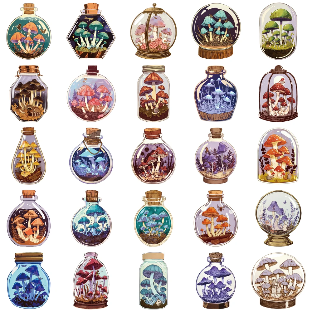 50PCS Creative Mushroom Bottle Cute Stickers Phone Case Decoration Notebook PET Transparent Material Personalized Stickers