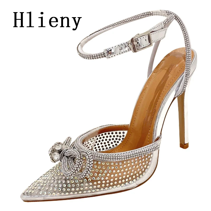 Hlieny Transparent PVC Rhinestone Women Pumps Fashion Silver Pointed Toe Bowknot Sandals High Heels Crystal Wedding Party Shoes