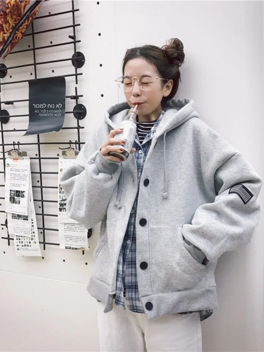 

Autumn Winter Women's Thickened Embroidered Hooded Open Cardigan Fleece Lined Casual Outerwear Sweatshirt Style Long Sleeve