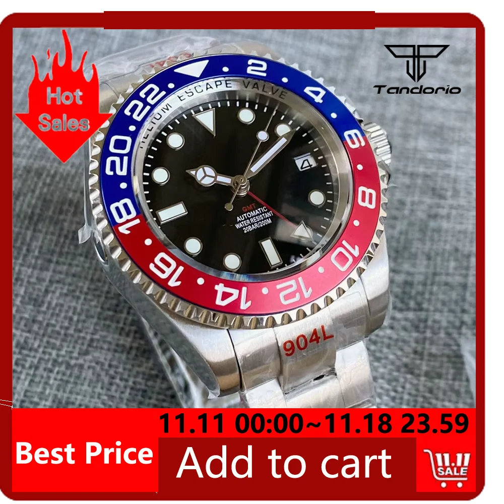 43mm Tandorio GMT NH34A Men\'s Mechanical Sea Watch Helium Device 10BAR Waterproof Luminous Dial 120 Clicks Pepsi Rotating Bezel