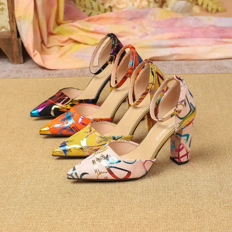 Women Sexy High Heels Pointed Toe 9.5CM Flock Buckle Strap Shallow Mouth Hollow Sandals Fetish Model Party Neutral Shoes Size 43