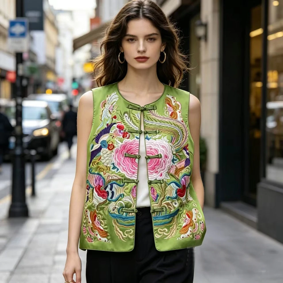 

Women's Vest Chinese Style Vest High-grade Flower Embroidery Waistvest New Unique And Chic Frog Button Qipao Top Loose Coat