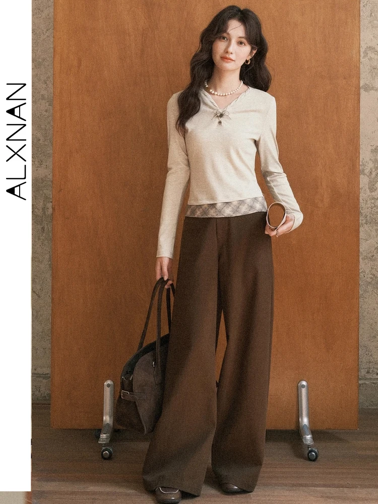

ALXNAN Brown Pants Women Wide-leg Straight Casual Cotton 100% Baggy Pants 2025 Fall Office Lady Loose-fit Trousers Ladies L57183