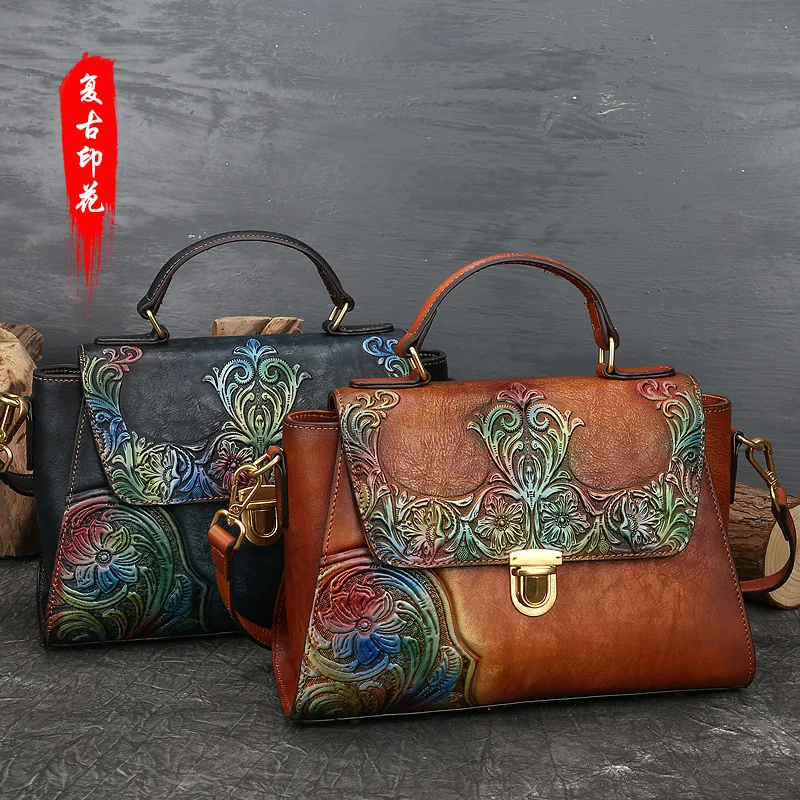 First Layer Cowhide Embossed Flowers Large Capacity Exquisite Women  Handbag Luxury  Multi-Function Shoulder Bags