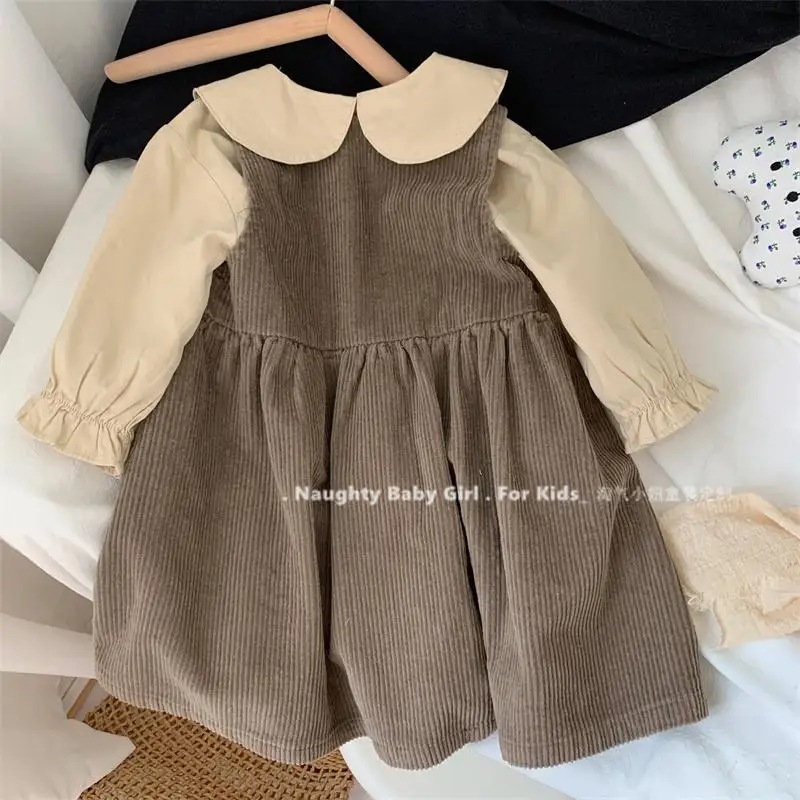 Girls Casual Dresses Autumn Girls Vest Skirt Fashionable Corduroy Dress Baby Dress Loose Children\'s Skirt 2pcs  Outfit