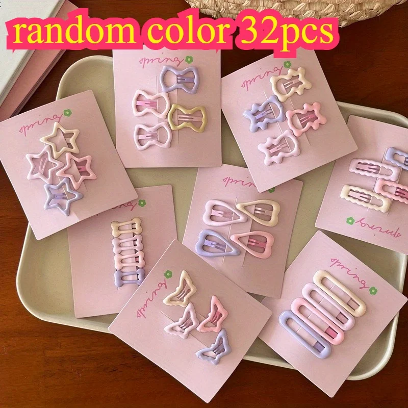 32Pcs Random Color and Pattern Zipper Chrysanthemum Bags with Cute Pink Series Hair Clips in Star, Square, Shooting Star, and Heart Shapes, Suitable for Everyday Wear, Hair Clips for Bangs and Side Hair, Bb Clips for F